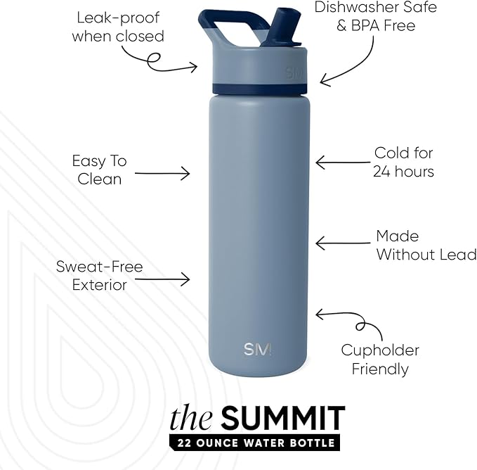 Simple Modern Water Bottle with Straw Lid | Vacuum Insulated Stainless Steel Metal | Reusable Leak Proof BPA-Free Cup for School | Summit Collection | 22oz, Blue Dune