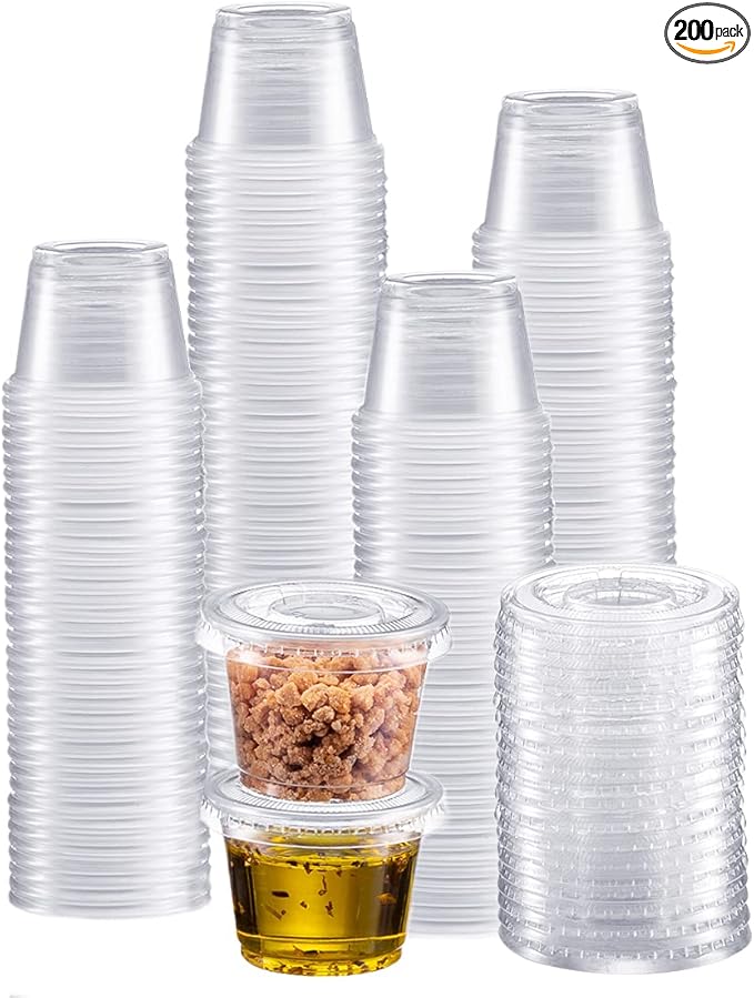 Portion Cups with Lids (1 Ounces, 200 Pack) | Disposable Plastic Cups for Meal Prep, Portion Control, Salad Dressing, Jello Shots, Slime & Medicine | Premium Small Plastic Condiment Container