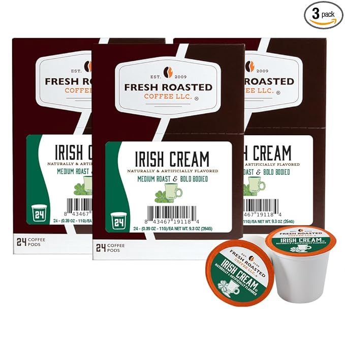 Fresh Roasted Coffee, Irish Cream, Flavored Coffee Pods, 72 Count