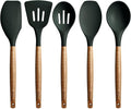 Miusco Non-Stick Silicone Cooking Utensils Set with Natural Acacia Hard Wood Handle, 5 Piece, High Heat Resistant (Green)