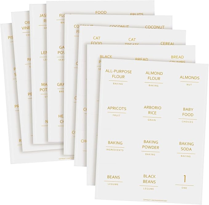 Talented Kitchen Labels for Storage Bins - Water-Resistant Food Container Stickers - Vinyl Jar Labels with Gold Text - Preprinted Pantry Container Stickers - 2.5 x 2.5 in, Pack of 144