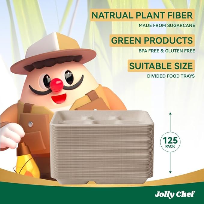 JOLLY CHEF Compostable 5 Compartment Paper Plates 10 * 8.25 * 1 inch 125 Pack Small Disposable Eco-Friendly Biodegradable Food Trays for Primary and Secondary School Students’ Lunch (Brown)