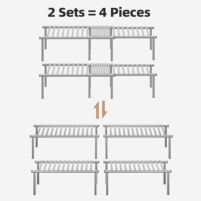 STORAGE MANIAC Set of 4 Expandable Kitchen Cabinet Organizer Shelf Kitchen Counter Shelves Spice Rack Kitchens Storage Wire Shelf Adjustable Metal Pantry Storage for Plate Dish, Grey