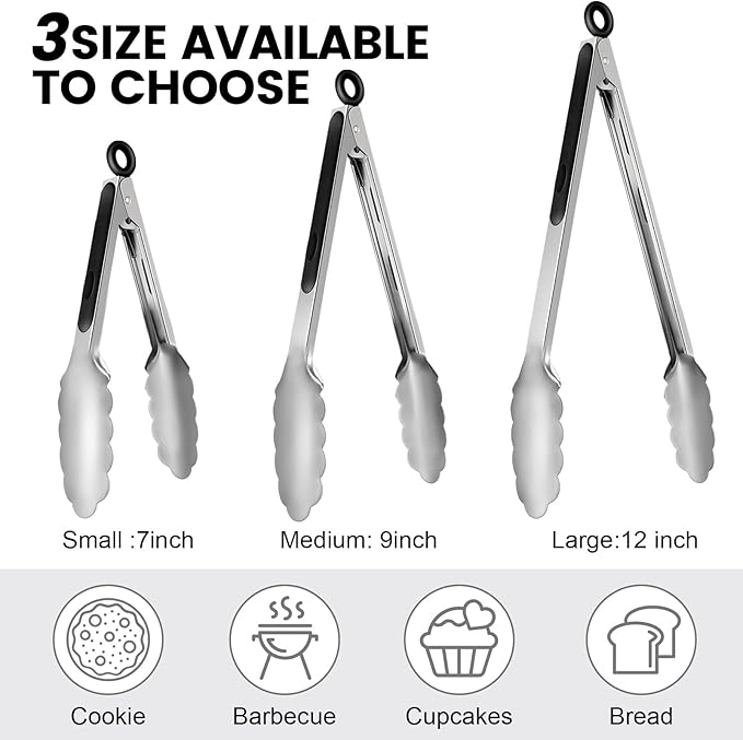 Chengu 12 Pack Stainless Steel Kitchen Tongs 7/9/12 Inches Food Serving Clip Kitchen Cooking Tongs High Heat Resistant Clips for Cooking Non Stick Locking Grill Salad (Black)