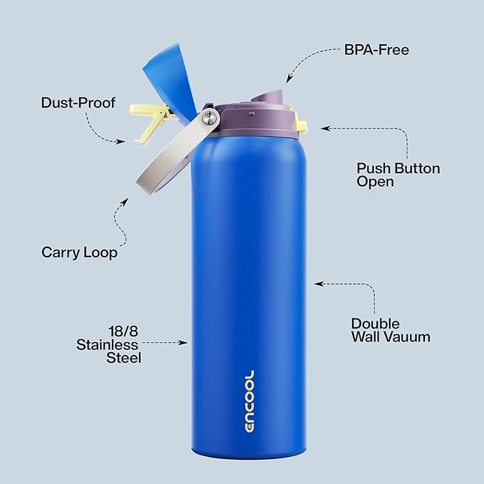 Insulated Water Bottle with Straw - Encool Stainless Steel Water Bottle with Push Button Lid, Leak-Proof & BPA-Free, Keeps Cold for 24 Hours for Sports, Travel, Gym (40 oz, Sapphire)