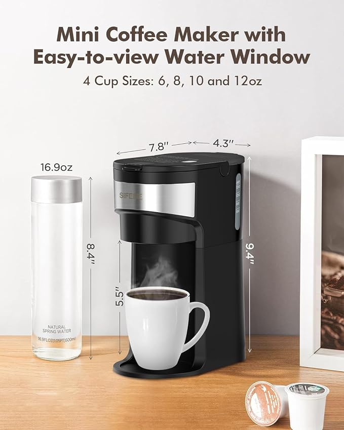 SIFENE Mini Coffee Maker Single Serve Instant Coffee Brewer, One Cup for K Pod & Ground Coffee, Capsule Coffee Machine with Water Window and Descaling Reminder (Black)
