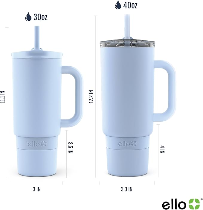 Ello Port 30oz Tumbler with Carry Loop & Integrated Handle, Vacuum Insulated Stainless Steel Reusable Water Bottle, Travel Mug with Leak Proof Lid & Straw, Perfect for Iced Coffee & Tea, Halogen Blue