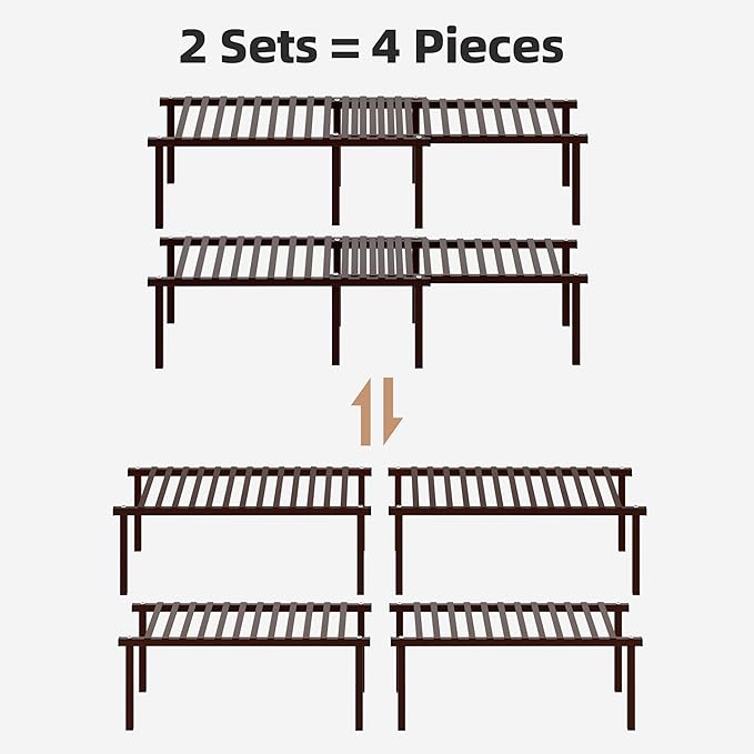 STORAGE MANIAC Set of 4 Expandable Kitchen Cabinet Organizer Shelf Kitchen Counter Shelves Spice Rack Kitchens Storage Wire Shelf Adjustable Metal Pantry Storage for Plate Dish, Brown