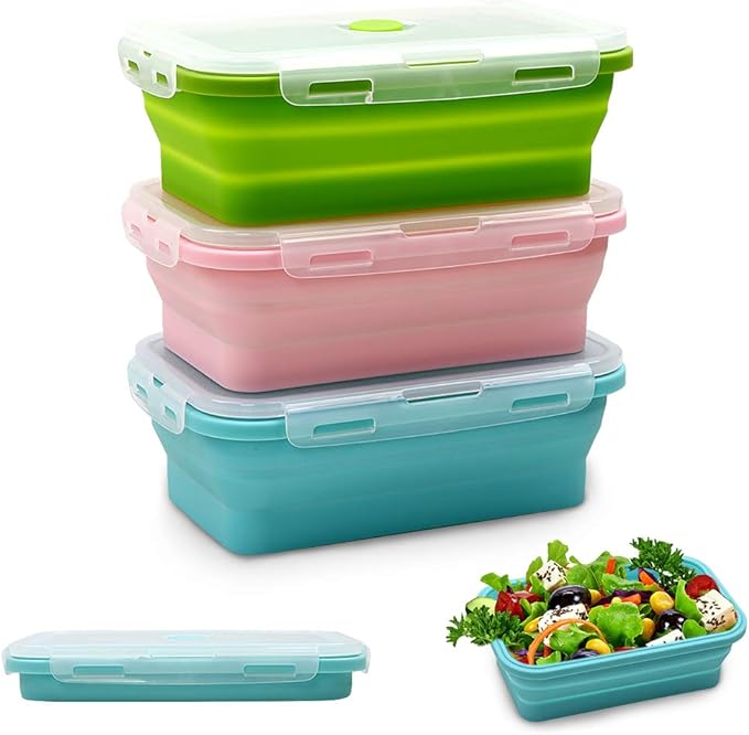 Alimat PluS Silicone Food Storage Containers with Lids, 3 Pack Set 27oz(800ml) Collapsible Meal Prep Lunch Containers, Microwave, Freezer and Dishwasher Safe