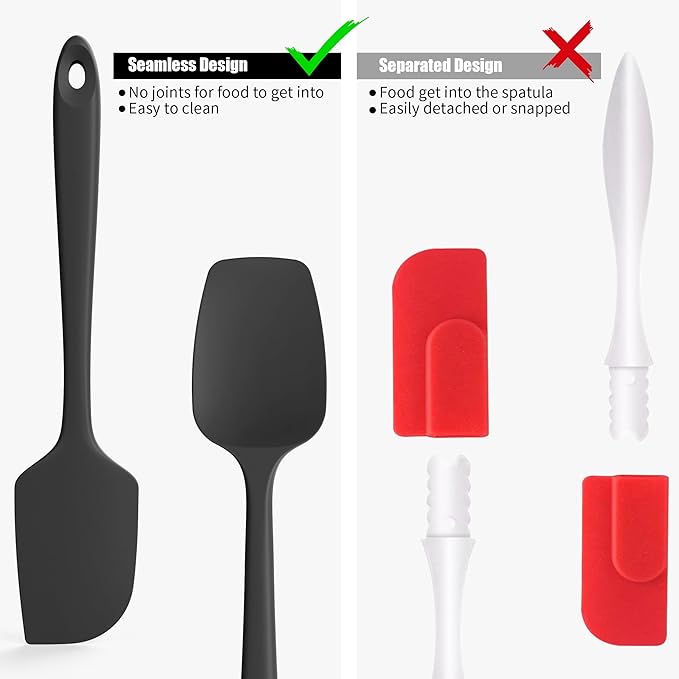 2-Piece Silicone Scraper & Spoon Spatulas: Doosu 600°F Heat Resistant Food Grade BPA Free Rubber Baking Flat Spatula Kitchen Cooking Spoonula for Mixing, Scraping, Folding, Stirring, Serving (Black)