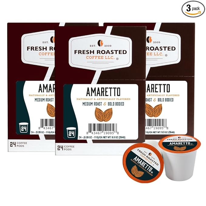 Fresh Roasted Coffee, Amaretto, Flavored Coffee Pods, 72 Count
