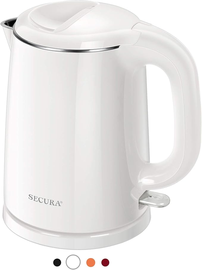 Secura Stainless Steel Double Wall Electric Kettle Water Heater for Tea Coffee w/Auto Shut-Off and Boil-Dry Protection, 1.0L (White) SWK-1001DW/HB-K012