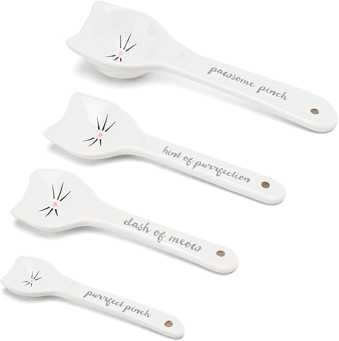 White Cat Measuring Cups & Spoons Gift Set – Ceramic Kitchen Tools for Cat Lovers & Bakers – 4 Measuring Cups and 4 Measuring Spoons – Unique Gift for Kitchen, Baking, and Cat Lovers