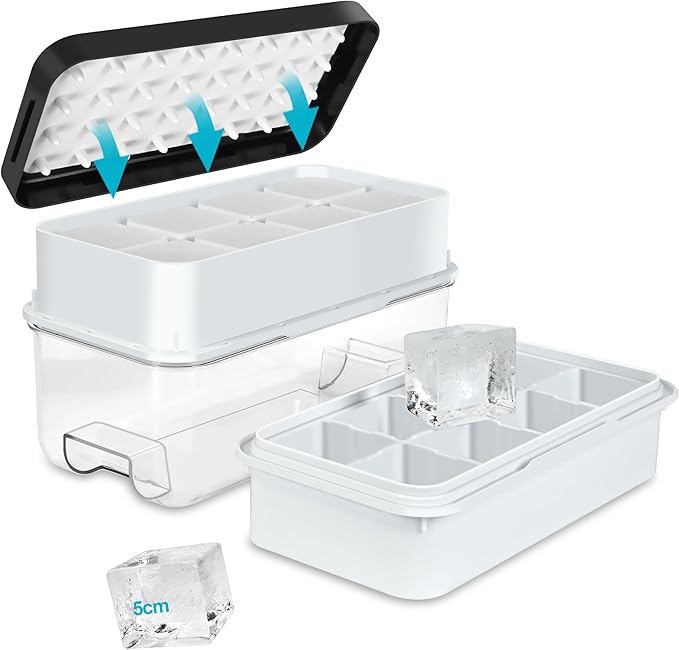 Large Ice Cube Tray, Easy Release Press Ice Cube Moulds with Lid, No Overflow Silicone Moulds with Stackable Lid, Perfect for Cocktails & Party Drinks, for 16 Large Ice Cubes(5cmx5cmx4.5cm), Black