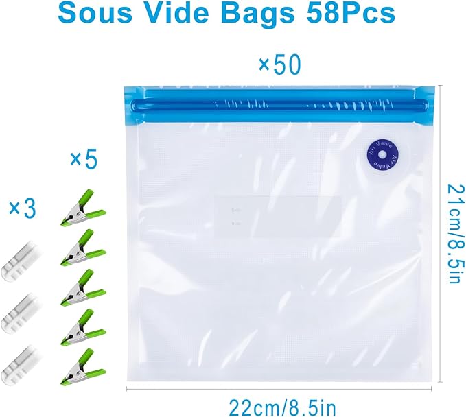 Reusable Sous Vide Bags 58Pcs BPA-Free, 1.4L Vacuum Sealer Bags for Cooking & Microwave, 50 Zipper Bags, 3 Seal Clips ＆ 5 Cooking Clips, Heat-Resistant & Leakproof (8.5x8.5in)
