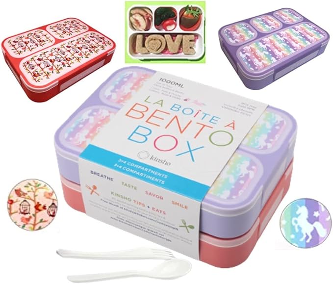 kinsho Bento-Box Lunch Box Kids Girls, Food and Snack Containers for Toddler Daycare, School Travel, Loncheras Para Ninas, Utensils Included (Purple Unicorn + Pink Flowers, 2 Pack)