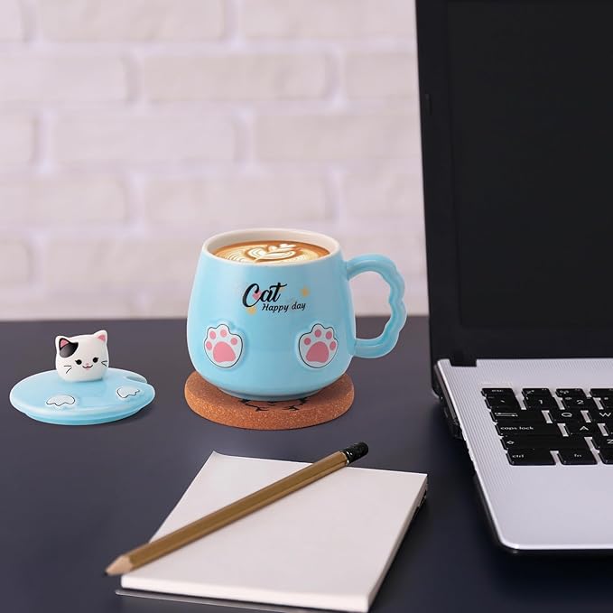 Cute Cat Mug, Novelty Ceramic Coffee Tea Milk Cup with Lovely Kitty Lid, Kawaii Claw Spoon, Anime Coaster, Novelty Things Birthday Christmas Gift for Cat Lovers Women Her, 14 oz, Blue