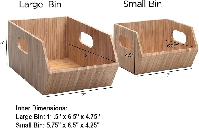 MobileVision Bamboo Storage Bins for Pantry & Kitchen Cabinet Organizer Multi-Purpose 2 PC Stackable Set for Canned Goods, Vegetables, Pouches, Boxed Meals & more
