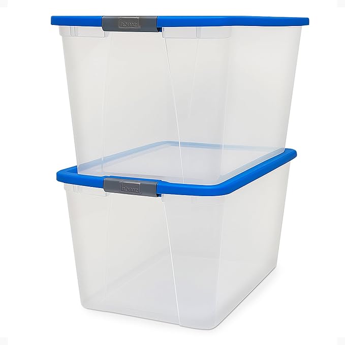 HOMZ 2-Pack Secure Latch, Clear Plastic Storage Organizer Bins, 64 Quart, Blue Lid - Stackable Container Boxes for Bedroom, Bathroom, Garage, and Office Organization