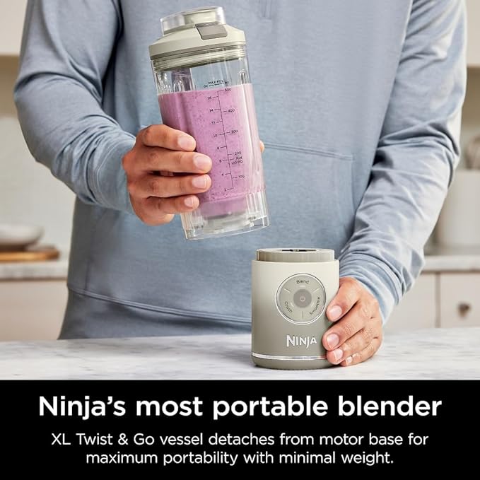 Ninja Blast Max, Portable Blender + Twist & Go, Personal Ninja Blender, Smoothie, Blend, Ice Crush, 3 Programs, Cordless, 22 oz removable Vessel, Dishwasher Safe, Leakproof, Cream, BC251IV