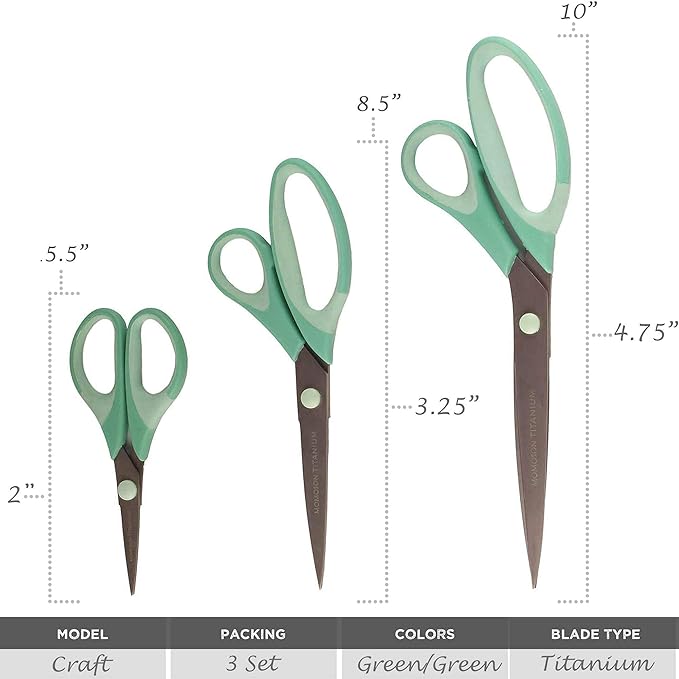 BambooMN Titanium Softgrip Scissors Set for Sewing, Arts, Crafts, Office - 1 set of 3 - Mint Green