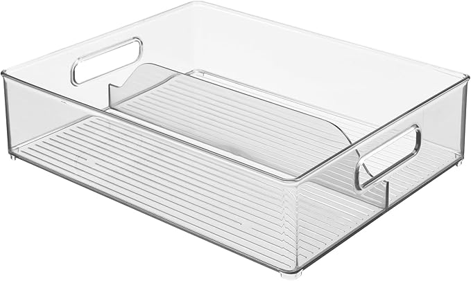iDesign Divided Storage Bin with Handle for Pantry, Fridge, or Freezer, Clear, Made in USA