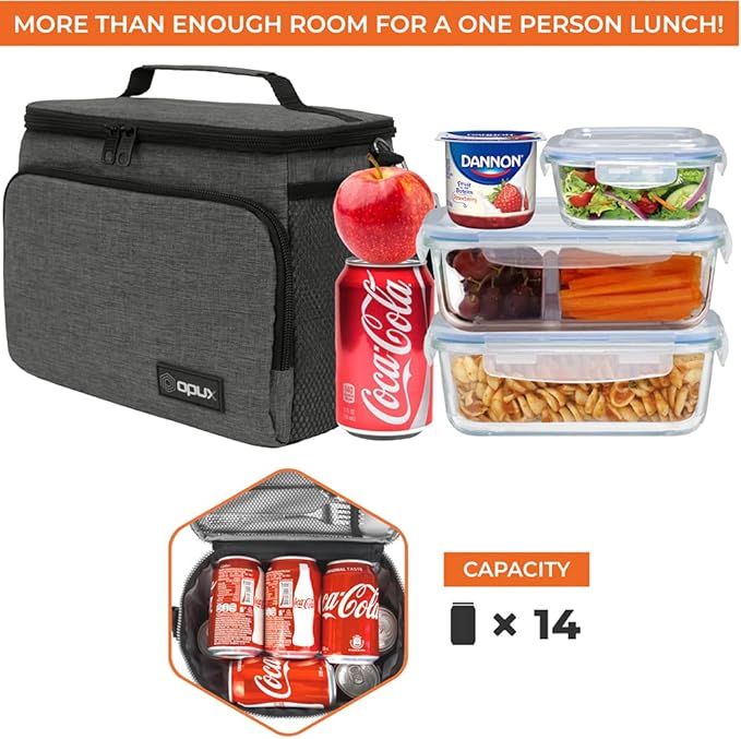 opux Insulated Soft Lunch Bag for Men Women for Office Work School Picnic, Leakproof Cooler Bag with Shoulder Strap for Kid Adult (Charcoal Gray)