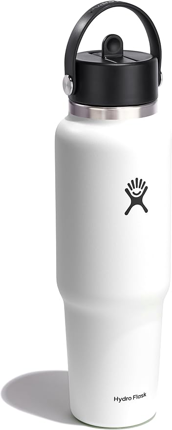 Hydro Flask Travel Water Bottle - Insulated Stainless Steel - Wide Straw Lid, Non Spill, Leakproof in 40 Oz White