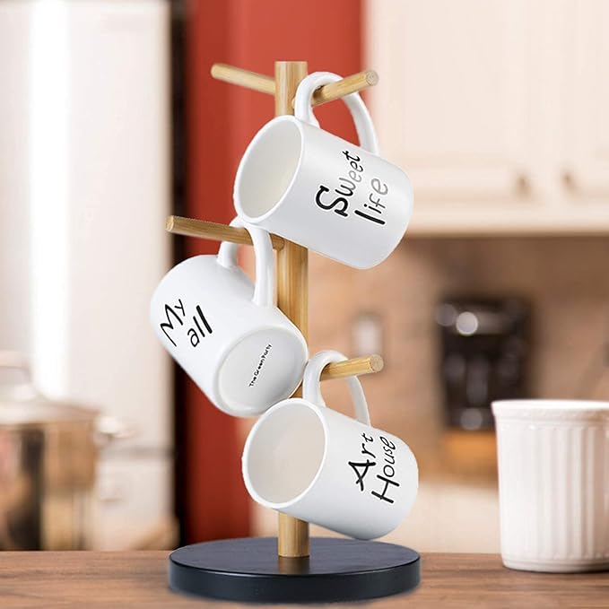 Wisuce Bamboo Coffee Mug Holder Tree, Thicker Base Coffee Cup Holder Stand for Counter, Mug Rack with 6 Hooks