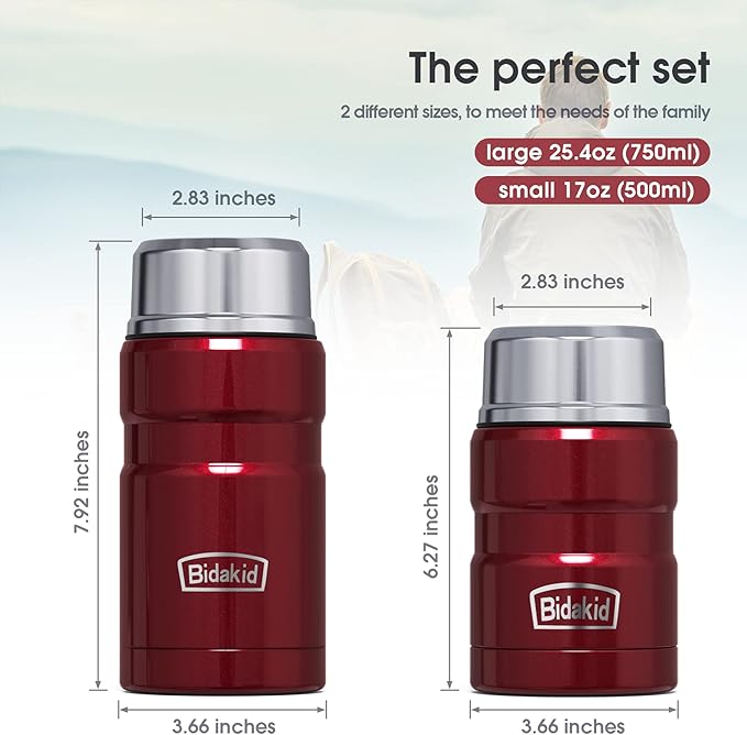 Insulated Food Jar Set – 25.4oz & 17oz Stainless Steel Containers with Folding Spoon and Carrying Bags – Leak-Proof, Keeps Food Hot or Cold for up to 12 Hours – Ideal for Work, School, Travel