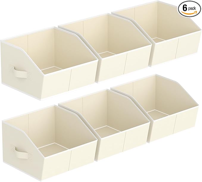 Storage Bins for Shelves - Small Trapezoid Closet Shelf Organizer, Fabric Organization Bins with Handles, Storage Baskets for Clothes, Towel, Purse, 6 Pack, Beige