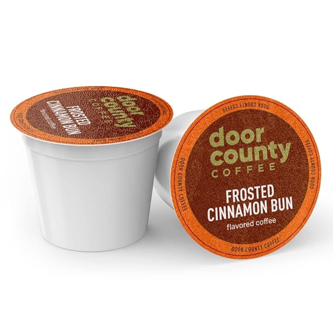 Door County Coffee Frosted Cinnamon Buns Flavored Ground - 10 Count Single Serve Cups - Medium Roast - 100% Specialty Arabica - Flavored Gourmet - Sweet Cinnamon Flavored