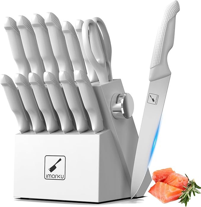 imarku Kitchen Knife Set, Japanese Knives Set For Kitchen, Stainless Steel Knife Set With Block, Kitchen Gadgets, White, Anti-Slip Handle, Dishwasher Safe
