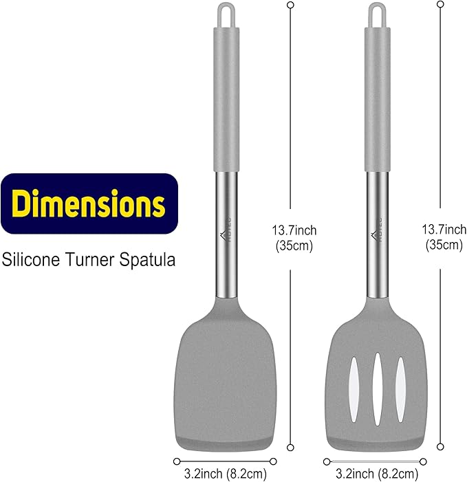 HOTEC Silicone Spatula Set of 2 Heat-Resistant 600°F & BPA-Free Kitchen SaptulaTurner with Stainless Steel Handles, Slotted & Solid Spatulas for Nonstick Cookware, 13.7 Inch, Grey