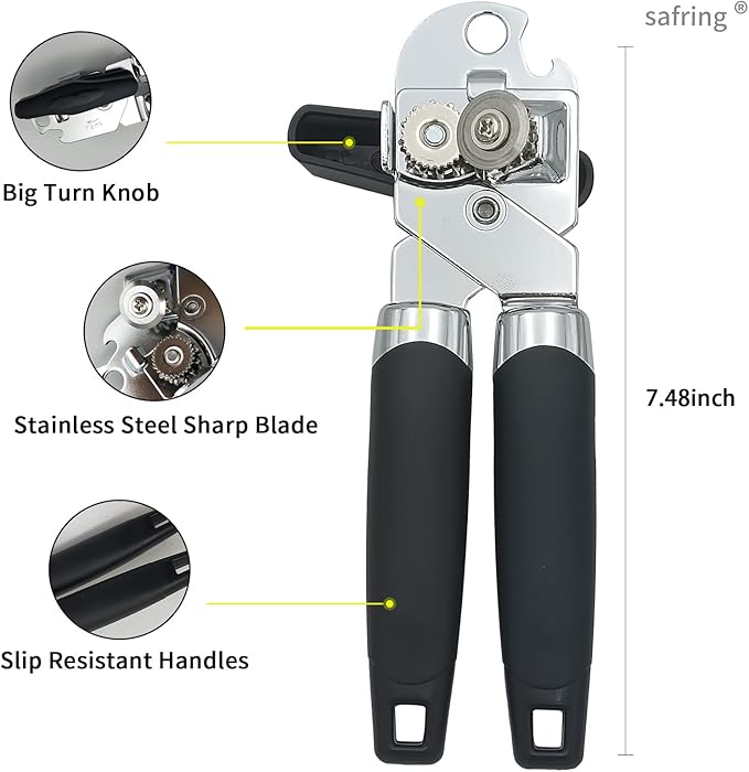 Can Opener Manual, Handheld Strong Heavy Duty Stainless Steel Can Opener, Comfortable Handle, Sharp Blade Smooth Edge, Can Openers with Multifunctional Bottle Opener