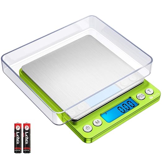 AMIR Digital Kitchen Scale, 500g-0.01g Mini Pocket Jewelry Scale, Cooking Food Scale with Backlit LCD Display, 2 Trays, 6 Units, Auto Off, Tare, Stainless Steel (Battery Included)