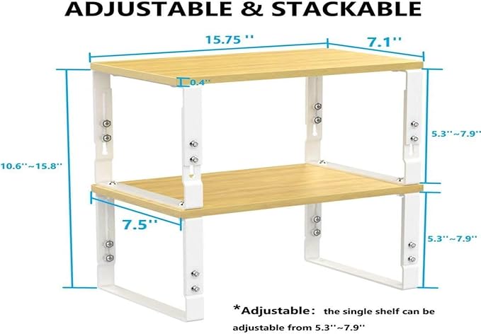 Kitchen Cabinet Organization Shelf，Set of 2 Height Adjustable Storage Racks，Stackable，Expandable，Countertop Shelves Organizer，Pantry Shelving(1PACK/Large/White)