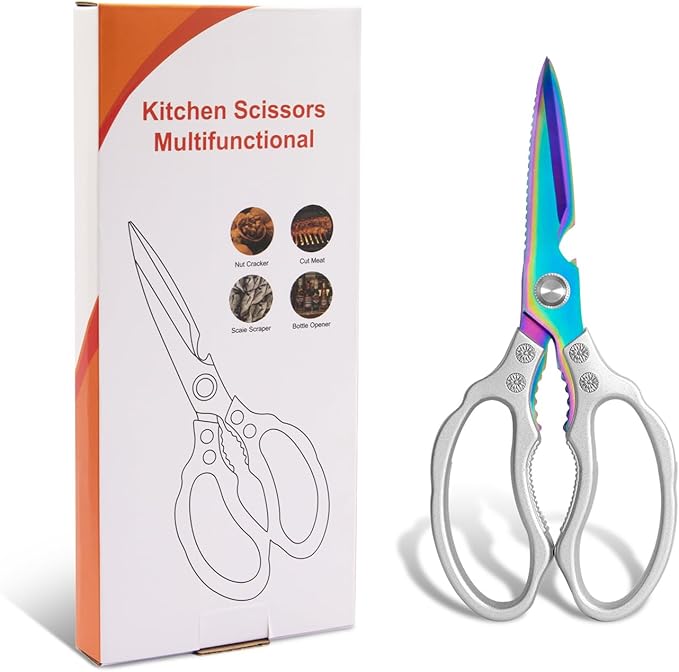 CGBE Kitchen Scissors, Multi-Purpose Kitchen Shears, Heavy Duty Dishwasher Safe Food Scissors for Chicken, Poultry, Fish, Meat & Herbs with Non-Slip Grips - Sliver Colorful