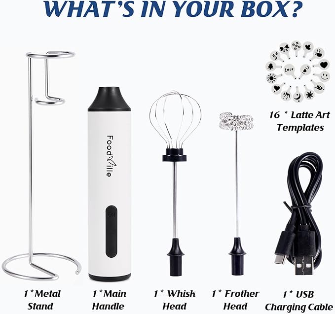 MF05 Rechargeable Milk Frother USB Charging Handheld Foam Maker with Stainless Balloon Whisk for Cappuccino, Latte, Bulletproof Coffee, Keto Diet, Protein Powder, Matcha (White)