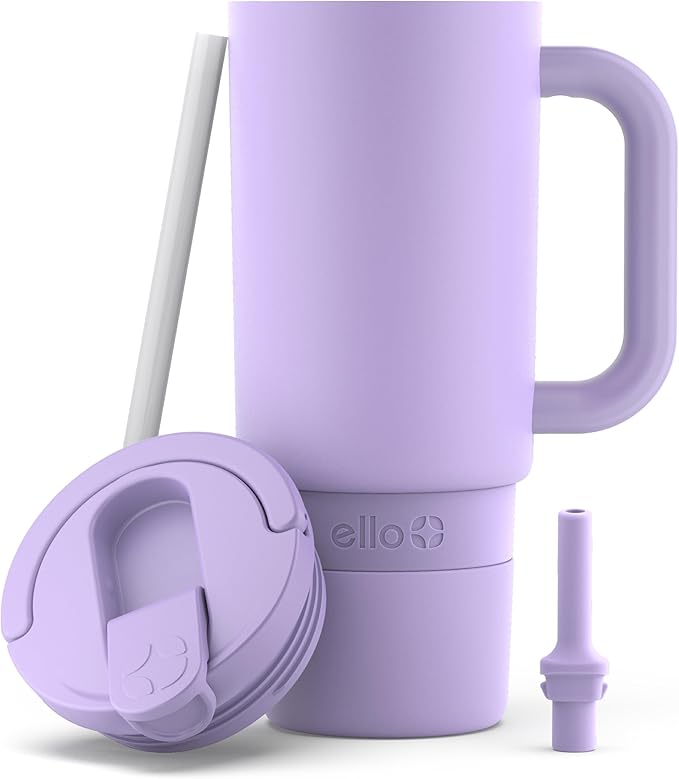 Ello Port 30oz Tumbler with Carry Loop & Integrated Handle | Vacuum Insulated Stainless Steel Reusable Water Bottle Travel Mug | Leak Proof Lid | Flexible Straw | BPA-Free | Dishwasher Safe | Lilac