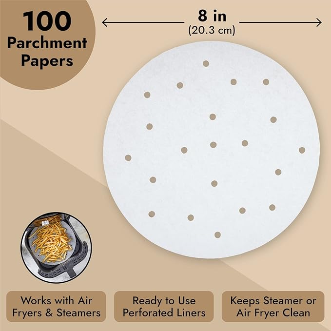 Juvale Air Fryer Liners Disposable - 8-Inch White, 100 Pack - Air Fryer Parchment Paper Liners & Sheets for Basket & Oven - Nonstick Steamer Paper & Accessories - Heat-Resistant to 428°F