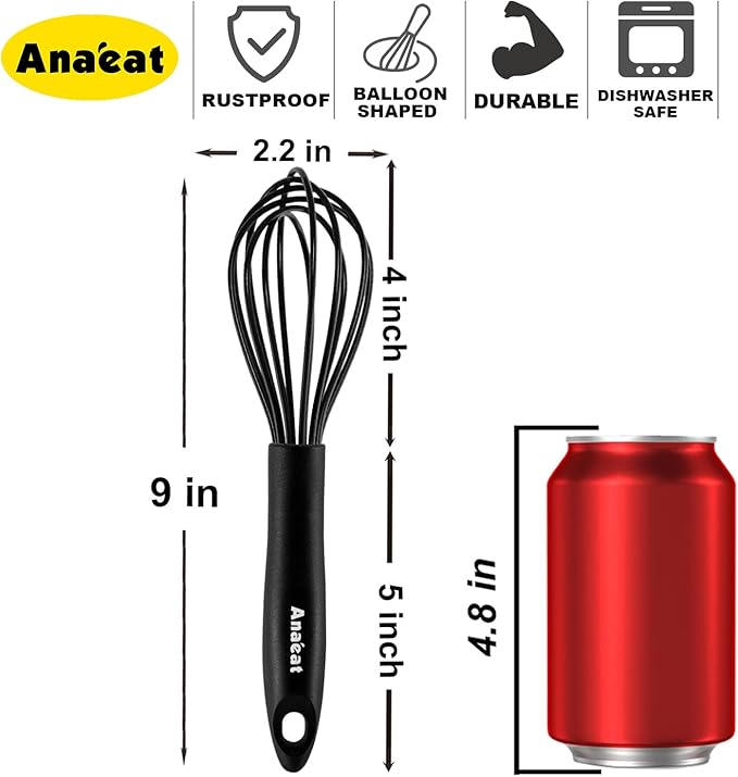 Anaeat 9" Silicone Balloon Whisk, Perfect for Non-Stick Cookware, Milk and Egg Beater Blender, Heat Resistant Kitchen Whisks for Whisking, Cooking, Baking, Beating, Frothing & Stirring (Black)