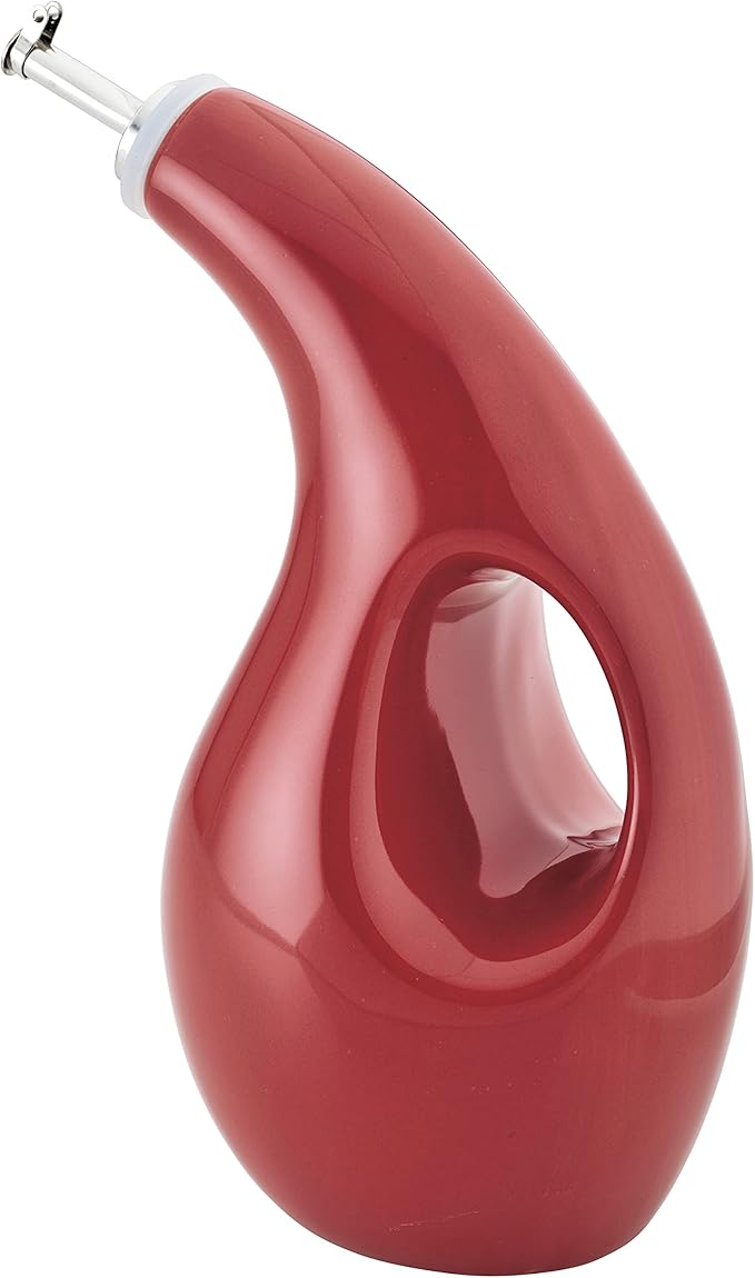 Rachael Ray Ceramic EVOO Oil and Vinegar Dispensing Bottle with Spout, 24 Ounce - Cranberry Red