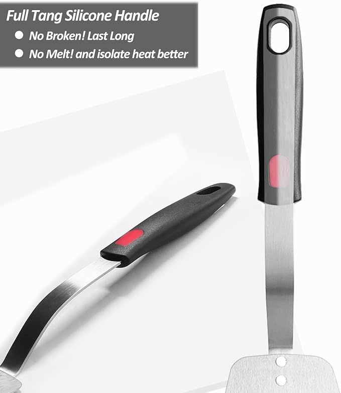 Stainless Steel Flexible Spatula Solid Turner, XiaoZu Thin Metal Spatula for Cast Iron Skillet, Thin Blade and Heat Resistant Silicone Handle, Great for Egg, Cookie, Meat, Crep, Medium + Large
