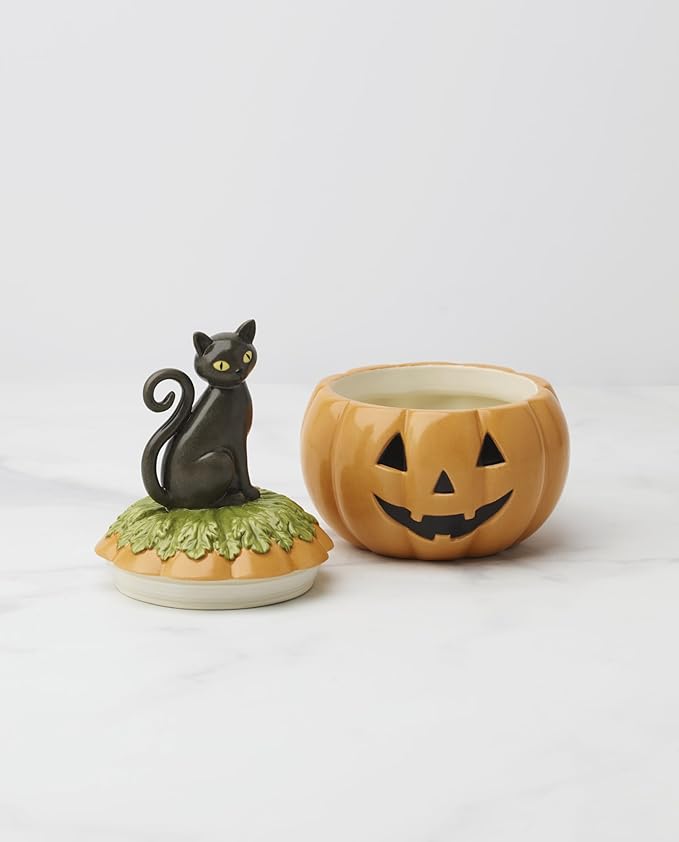 Lenox Haunted Halloween Covered Candy Jar, Porcelain Jar with Lid, 26oz Storage, Black Cat on Pumpkin, Jar for Sweets, Pumpkin Decor, Halloween Kitchen Decor, Halloween Cookie Jar, 5x7.25 inches