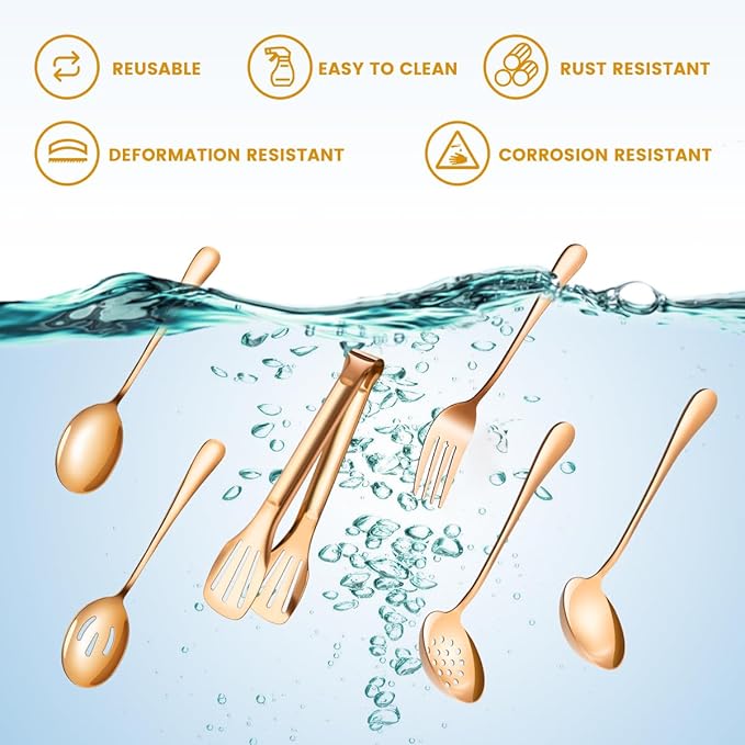 Rose Gold Serving Utensils Set Stainless Steel, Large Metal Serving Spoons, Slotted Spoons, Forks, Tongs, Soup and Skimmer Spoon, Cake Server serveware for Partie, Buffet, Catering, Entertaining 15pcs