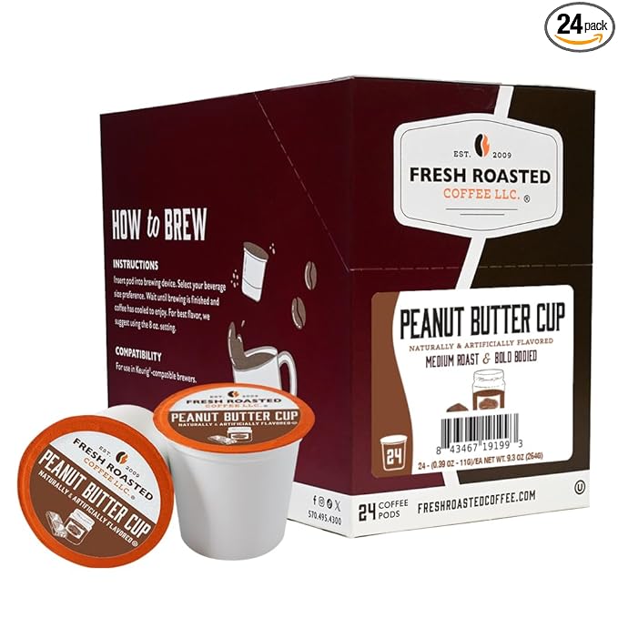 Fresh Roasted Coffee, Peanut Butter Cup, Flavored Coffee Pods, K-Cup Compatible, 24 Count