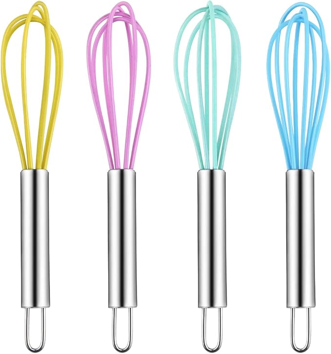 4 Pack Colorful Mini Silicone Kitchen Whisks with Stainless Steel Handles for Milk Egg Blending Stirring Whisking and Beating(4 Colors,6 Inches)