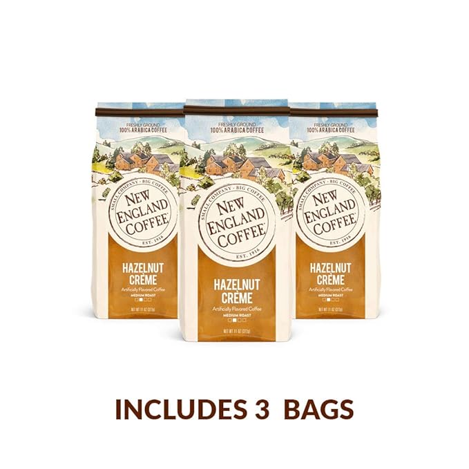 New England Coffee Hazelnut Crème Medium Roast Ground Coffee, 11oz Bag (Pack of 3)