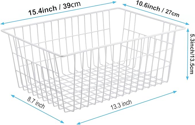 iPEGTOP Wire Storage Freezer Baskets, Set of 4 Large 15.4" Farmhouse Organizer Storage Bins Fridge Basket Rack with Handles for Kitchen Cabinets, Pantry, Office, Bathroom Organization - White
